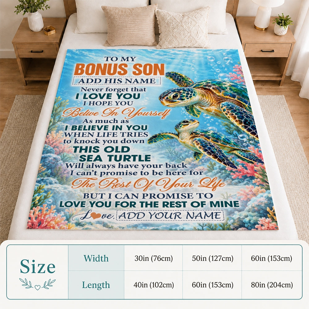Personalized To My Bonus Son Gifts Sea Turtle From Stepmom Stepdad Blanket Never Forget I Love You Stepson Birthday Gift Christmas Custom Fleece Blanket | teecentury