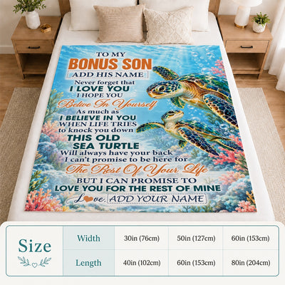 Personalized To My Bonus Son Gifts Sea Turtle From Stepmom Stepdad Blanket Never Forget I Love You Stepson Birthday Gift Christmas Custom Fleece Blanket | teecentury