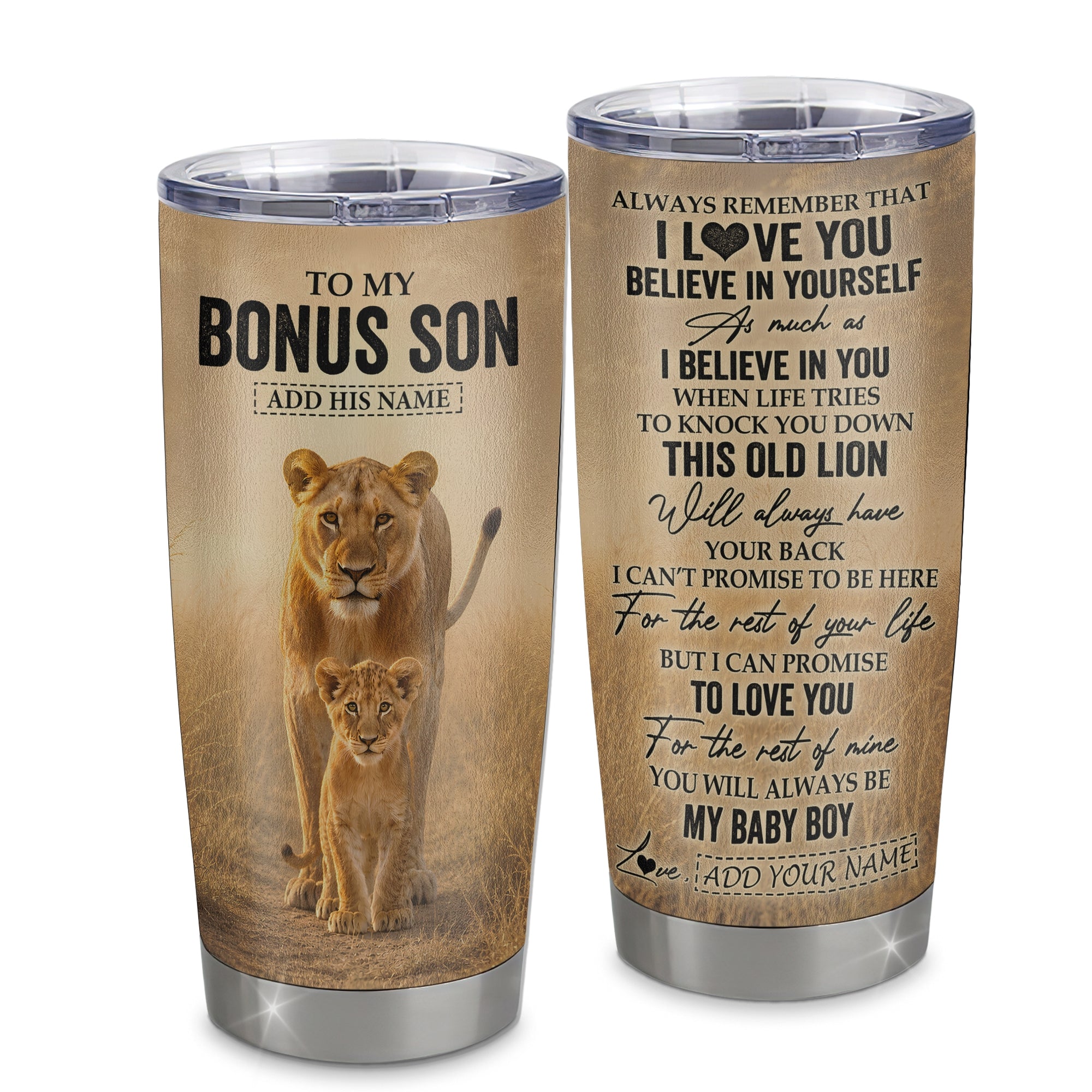 Personalized To My Bonus Son Gifts Tumbler From Stepmom Always Remember Lion Gifts For Stepson Birthday Graduation Christmas Customized Custom Stainless Steel Travel Mug | teecentury