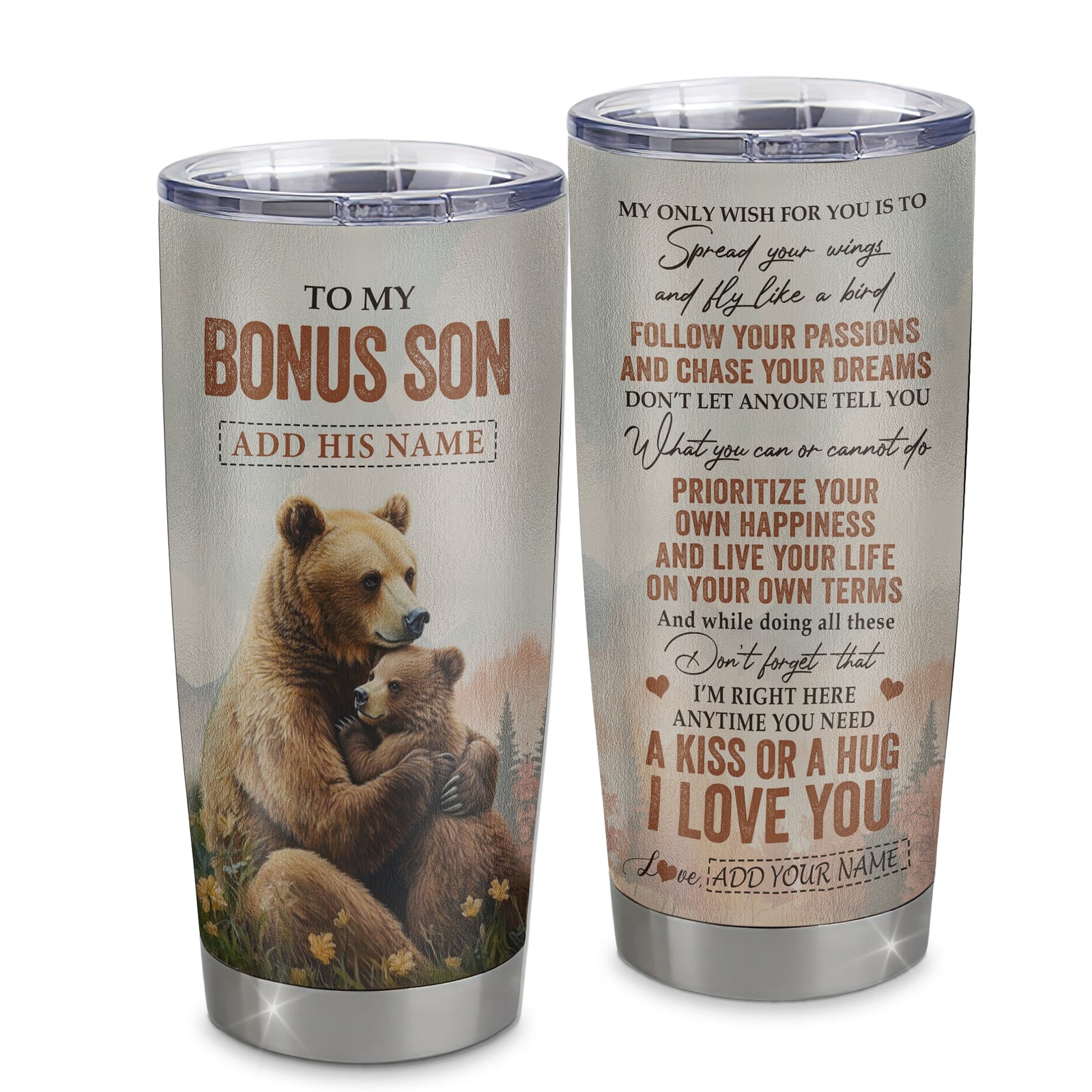 Personalized To My Bonus Son Gifts Tumbler From Stepmom Stepdad Bear My Only Wish For You Stepson Birthday Gifts Graduation Christmas Custom Stainless Steel Travel Mug | teecentury