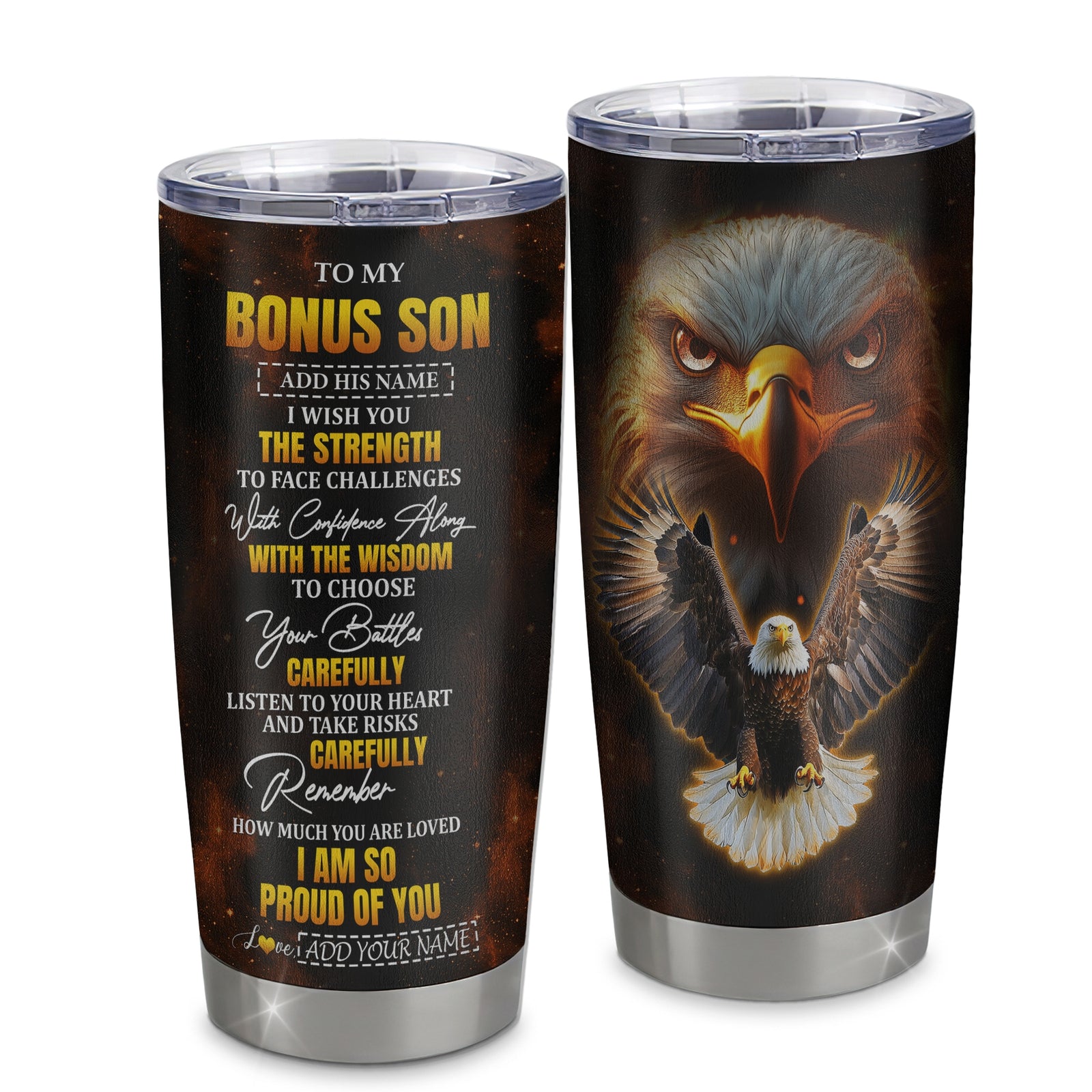 Personalized To My Bonus Son Gifts Tumbler From Stepmom Stepdad I Wish You The Strength Eagle Stepson Birthday Gifts Christmas Graduation Custom Stainless Steel Mug | teecentury
