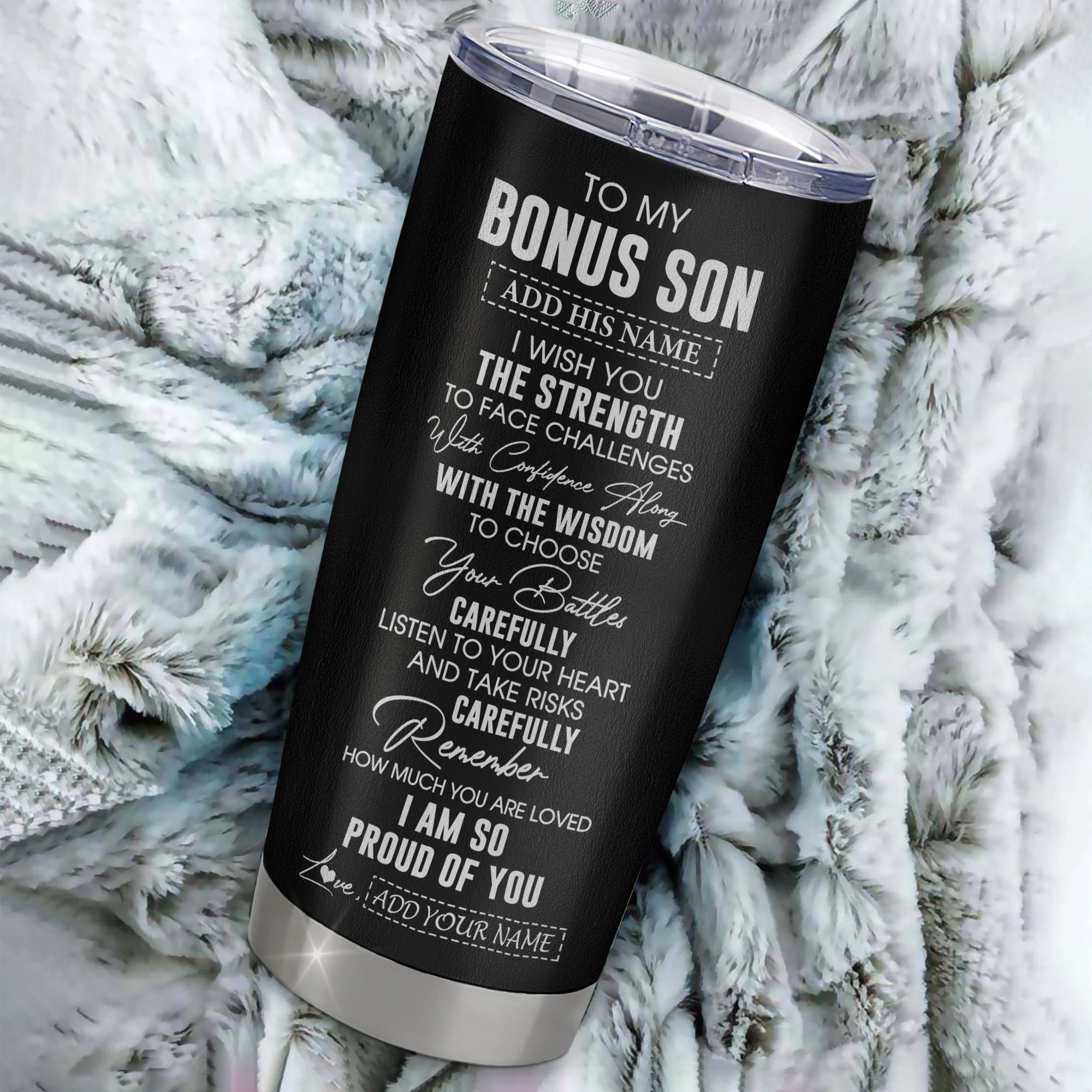 Personalized To My Bonus Son Gifts Tumbler From Stepmom Stepdad I Wish You The Strength Stepson Birthday Gifts Christmas Graduation Custom Stainless Steel Travel Mug | teecentury
