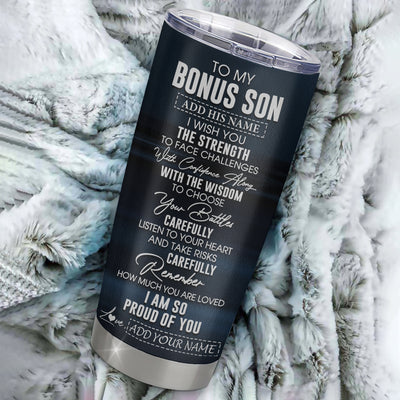 Personalized To My Bonus Son Gifts Tumbler From Stepmom Stepdad I Wish You The Strength Wolf Stepson Birthday Gifts Christmas Graduation Custom Stainless Steel Mug | teecentury