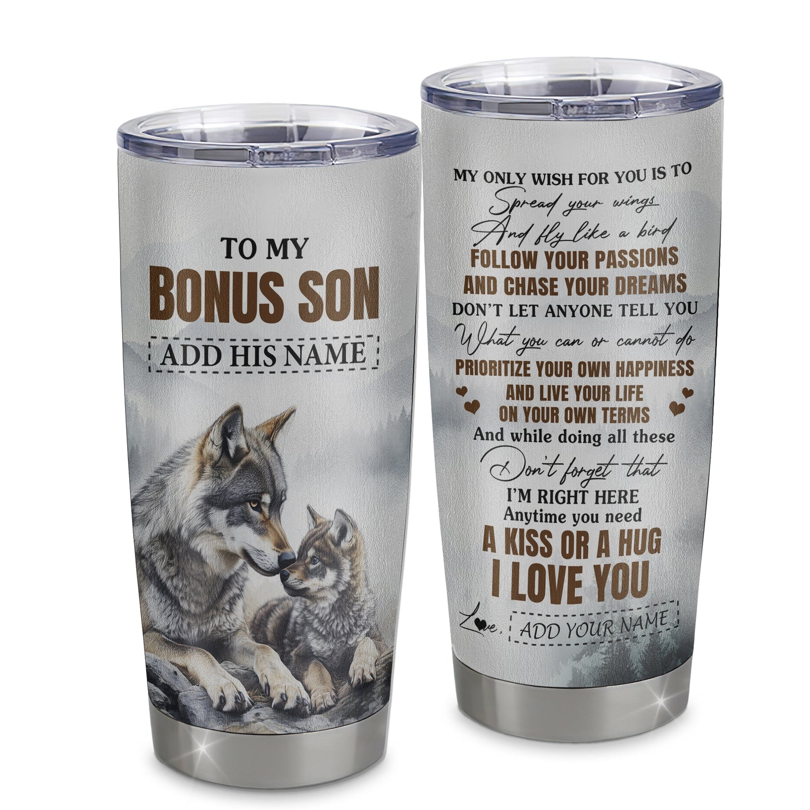 Personalized To My Bonus Son Gifts Tumbler From Stepmom Stepdad Wolf My Only Wish For You Stepson Birthday Gifts Graduation Christmas Custom Stainless Steel Mug | teecentury