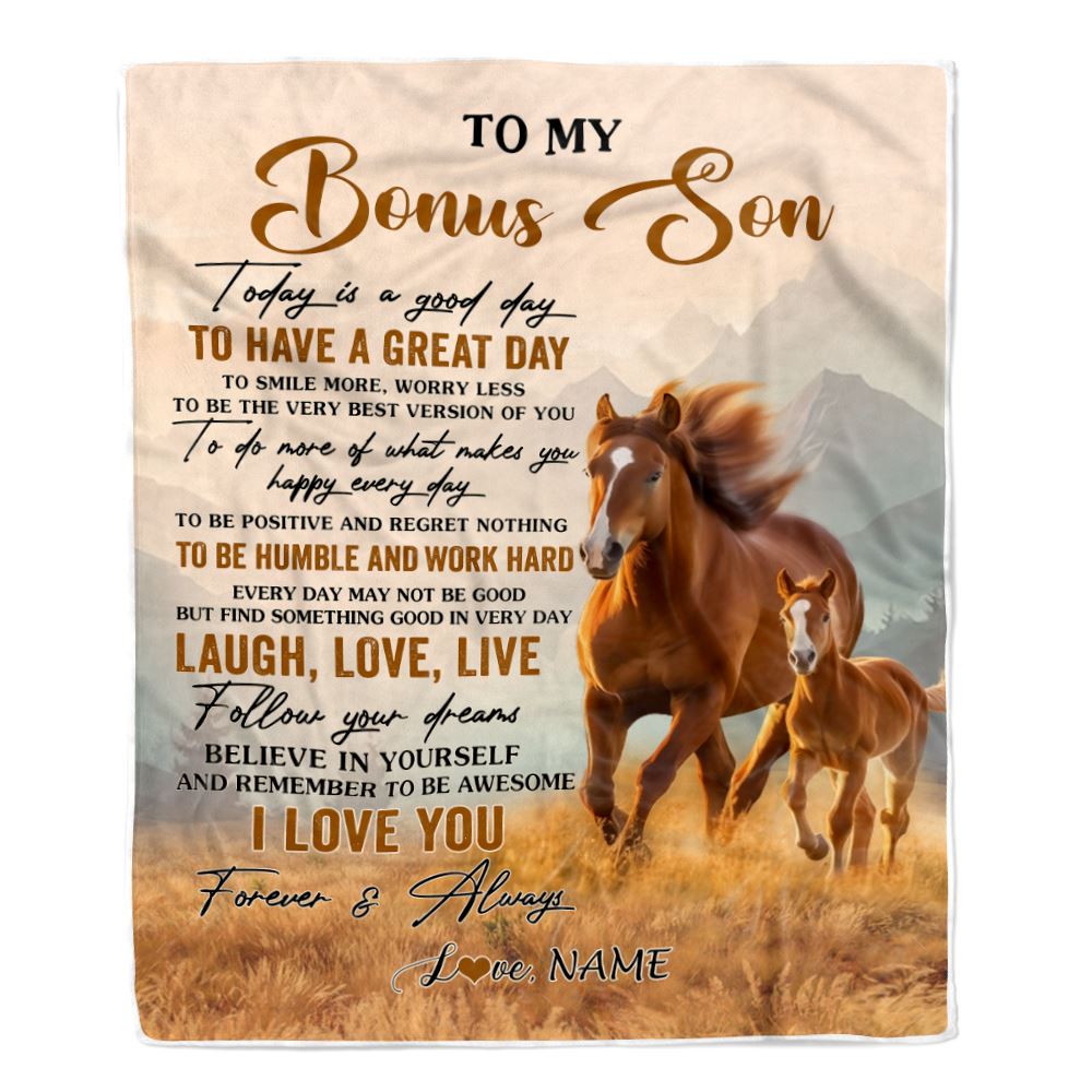 Personalized To My Bonus Son Horse Blanket From Stepmother Stepdad Every Day Laugh Love Live Stepson Birthday Gifts Christmas Customized Fleece Throw Blanket | teecentury