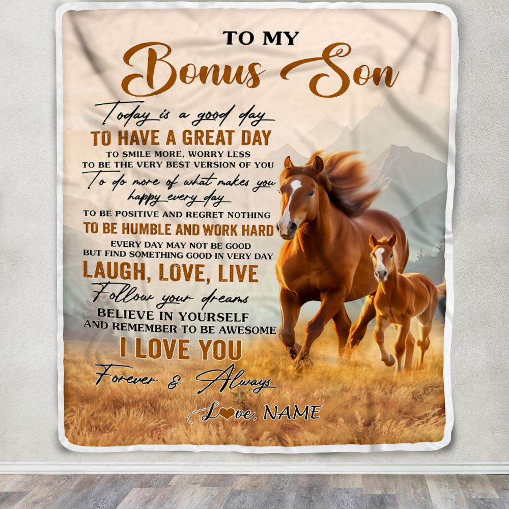 Personalized To My Bonus Son Horse Blanket From Stepmother Stepdad Every Day Laugh Love Live Stepson Birthday Gifts Christmas Customized Fleece Throw Blanket | teecentury
