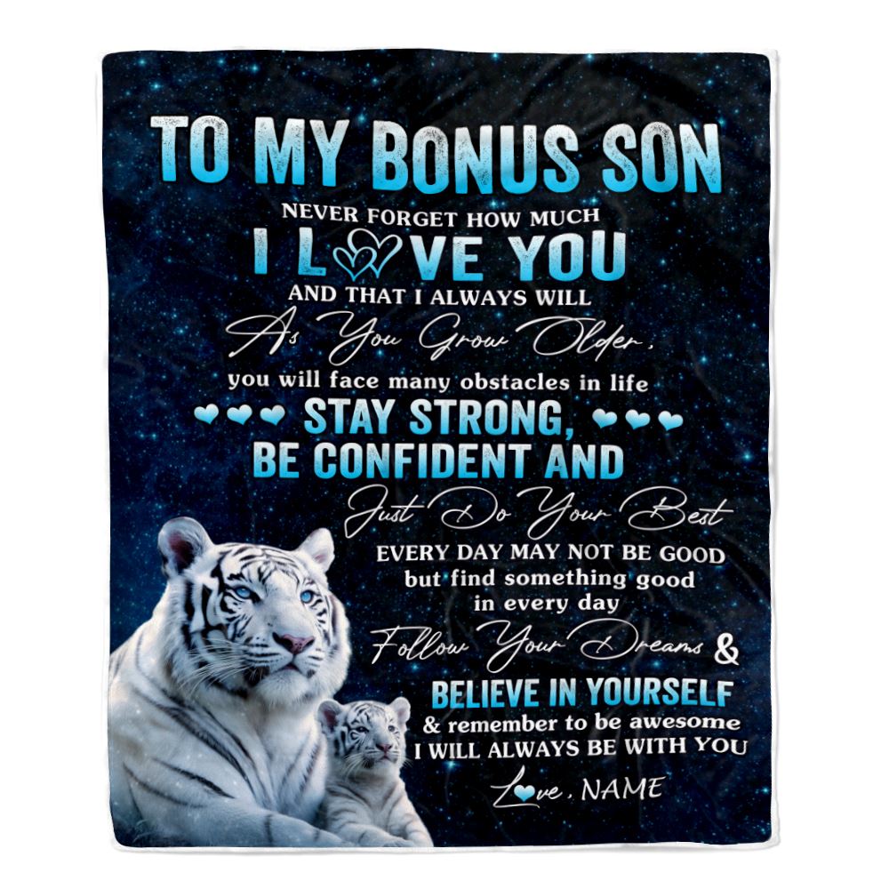 Personalized To My Bonus Son I Love You Forever Blanket From Step Mom Dad White Tiger Stepson Birthday Gifts Graduation Christmas Fleece Blanket | teecentury