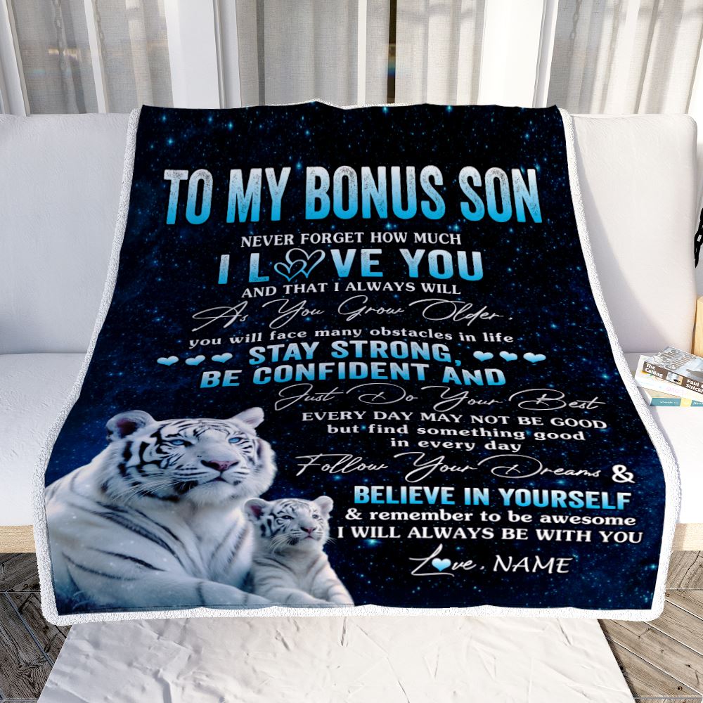 Personalized To My Bonus Son I Love You Forever Blanket From Step Mom Dad White Tiger Stepson Birthday Gifts Graduation Christmas Fleece Blanket | teecentury