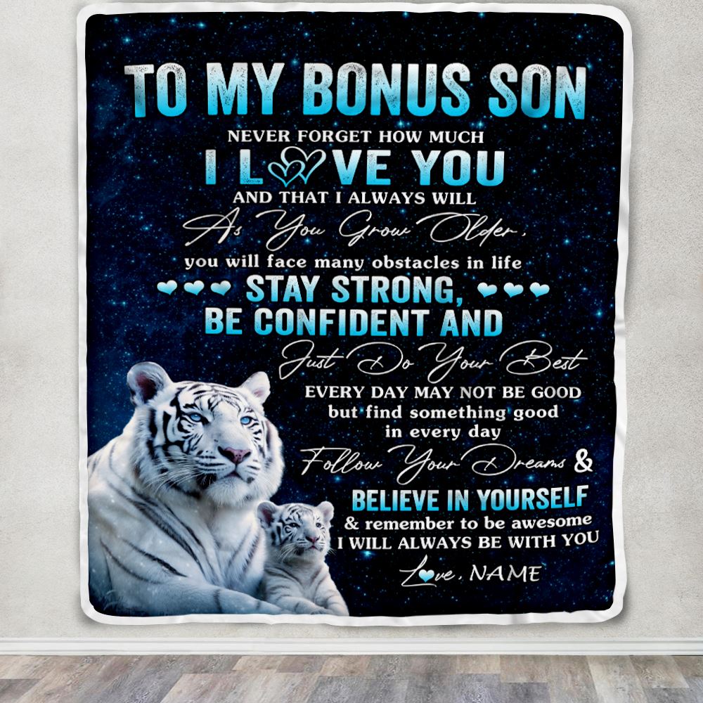 Personalized To My Bonus Son I Love You Forever Blanket From Step Mom Dad White Tiger Stepson Birthday Gifts Graduation Christmas Fleece Blanket | teecentury