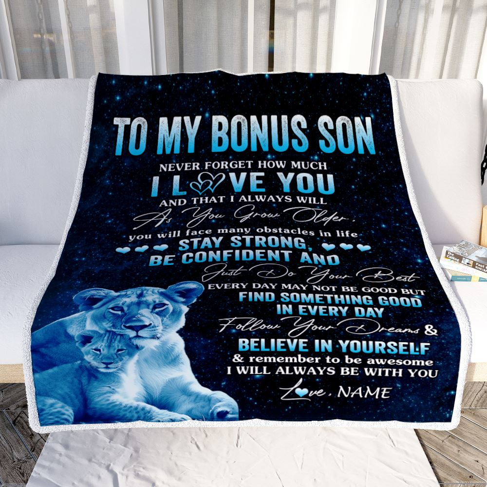 Personalized To My Bonus Son I Love You Forever Blanket From Stepmom Lion Stepson Birthday Gifts Graduation Christmas Fleece Throw Blanket | teecentury
