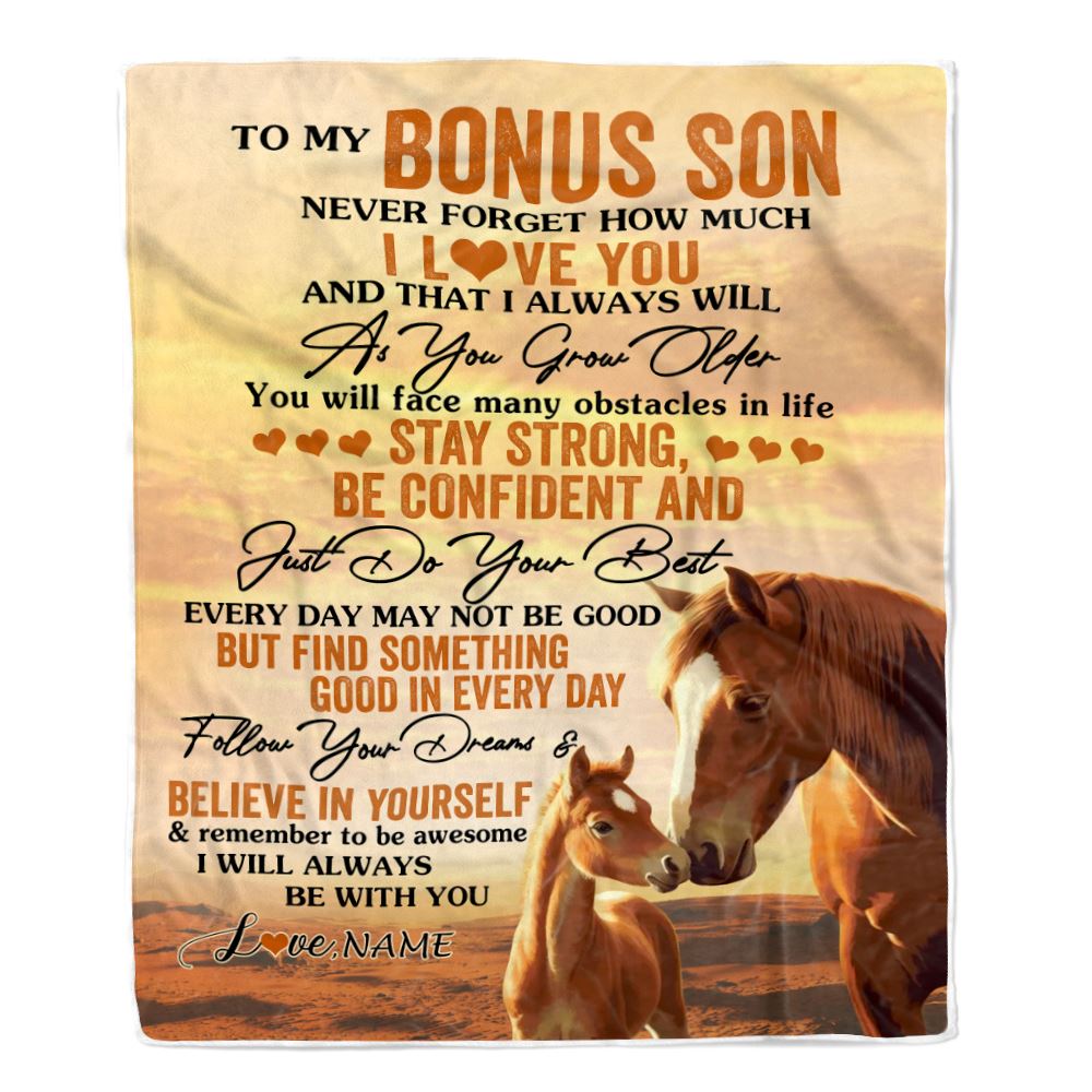 Personalized To My Bonus Son I Love You Forever Blanket From Stepmother Dad Horse Stepson Birthday Gifts Graduation Christmas Customized Fleece Blanket | teecentury
