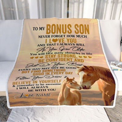 Personalized To My Bonus Son I Love You Forever Blanket From Stepmother Dad Horse Stepson Birthday Gifts Graduation Christmas Customized Fleece Blanket | teecentury