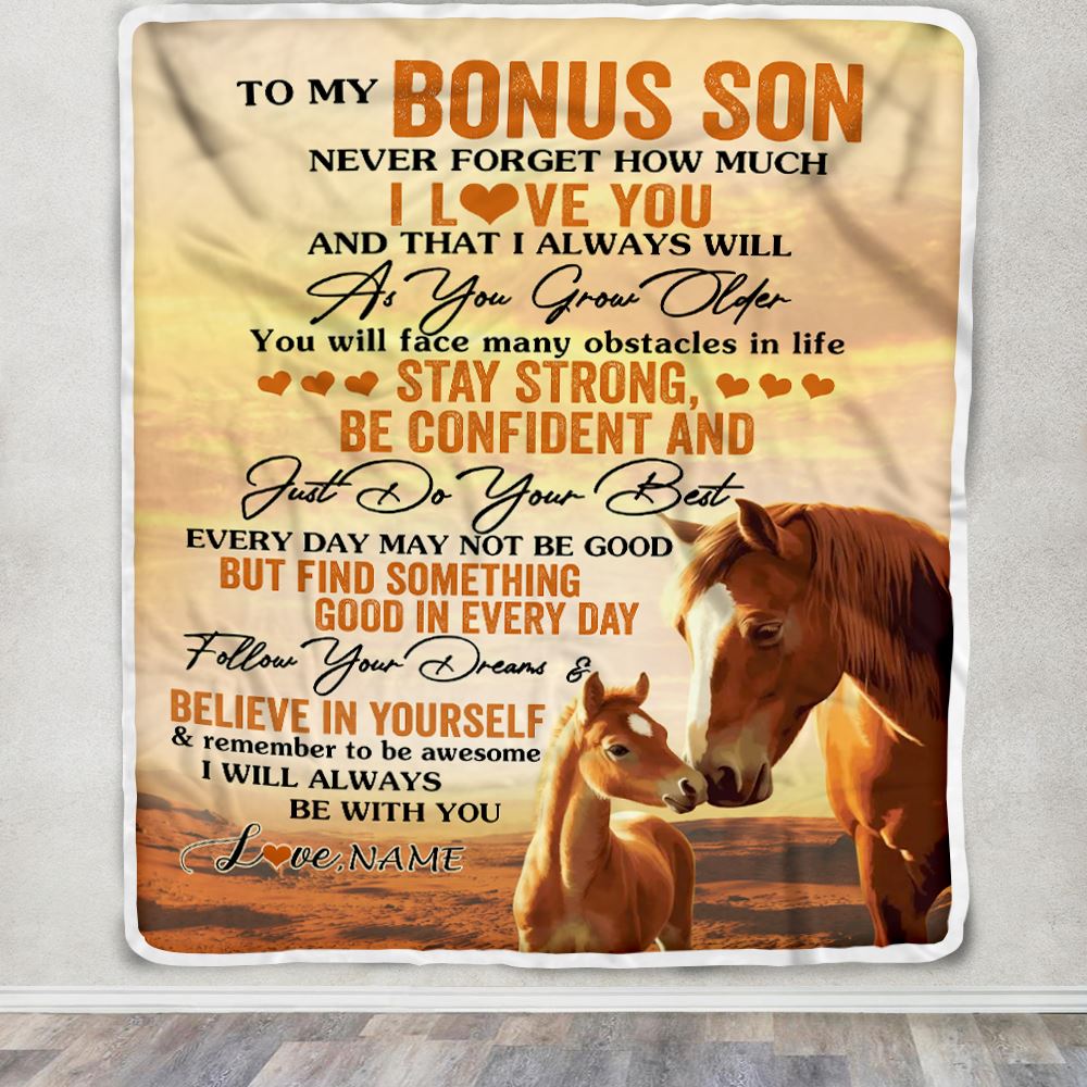 Personalized To My Bonus Son I Love You Forever Blanket From Stepmother Dad Horse Stepson Birthday Gifts Graduation Christmas Customized Fleece Blanket | teecentury