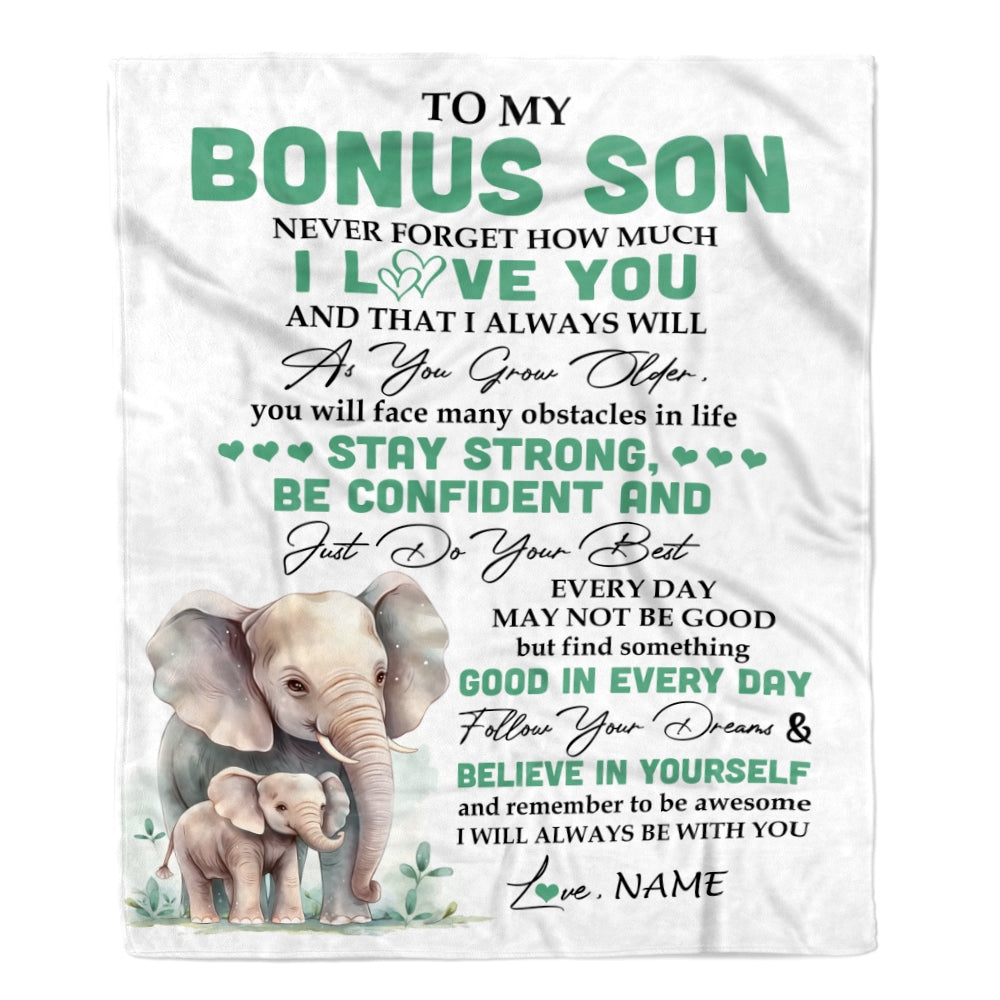 Personalized To My Bonus Son I Love You Forever Blanket From Stepmother Stepdad Elephant Stepson Birthday Gifts Graduation Christmas Fleece Throw Blanket | teecentury