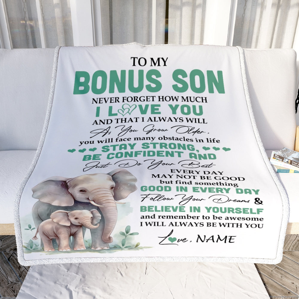 Personalized To My Bonus Son I Love You Forever Blanket From Stepmother Stepdad Elephant Stepson Birthday Gifts Graduation Christmas Fleece Throw Blanket | teecentury