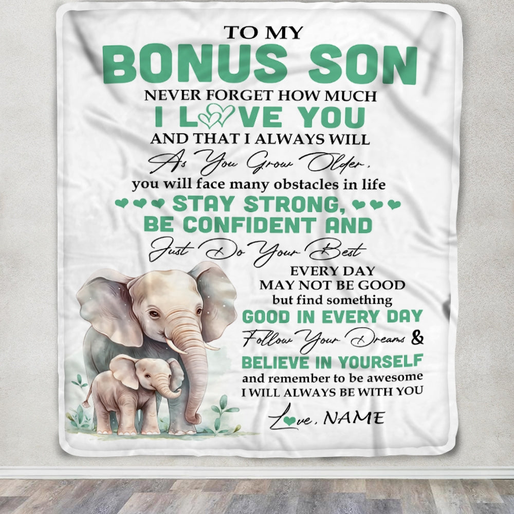 Personalized To My Bonus Son I Love You Forever Blanket From Stepmother Stepdad Elephant Stepson Birthday Gifts Graduation Christmas Fleece Throw Blanket | teecentury