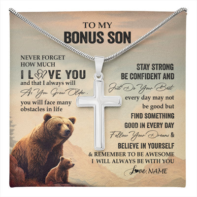 Stainless Cross Necklace Stainless Steel | 1 | Personalized To My Bonus Son I Love You Forever Necklace From Stepdad Stepmom Bear Stepson Birthday Graduation Christmas Customized Gift Box Message Card | teecentury