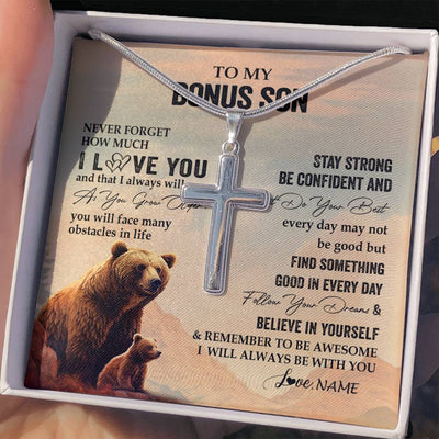 Stainless Cross Necklace Stainless Steel | 2 | Personalized To My Bonus Son I Love You Forever Necklace From Stepdad Stepmom Bear Stepson Birthday Graduation Christmas Customized Gift Box Message Card | teecentury