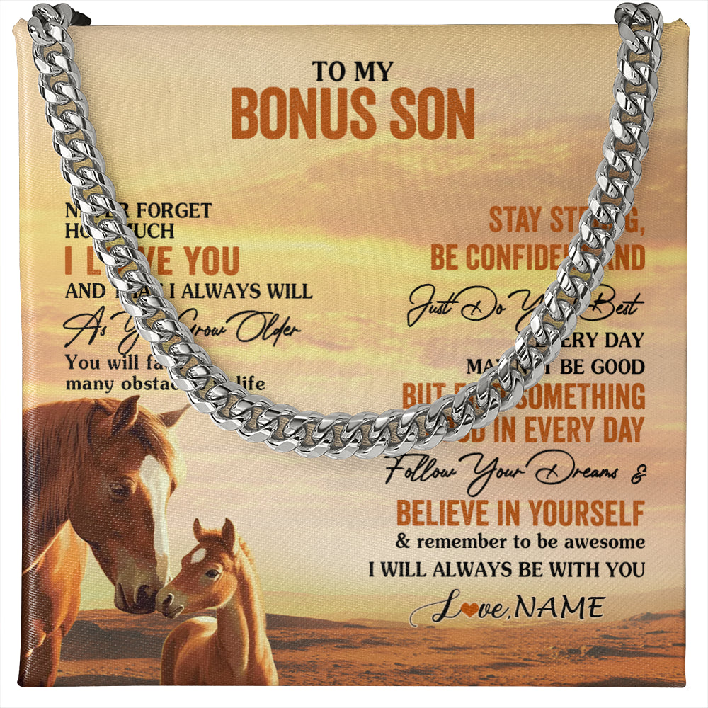 Cuban Link Chain Necklace Stainless Steel | 1 | Personalized To My Bonus Son I Love You Forever Necklace From Stepmom Stepdad Horse Stepson Birthday Graduation Christmas Customized Gift Box Message Card | teecentury