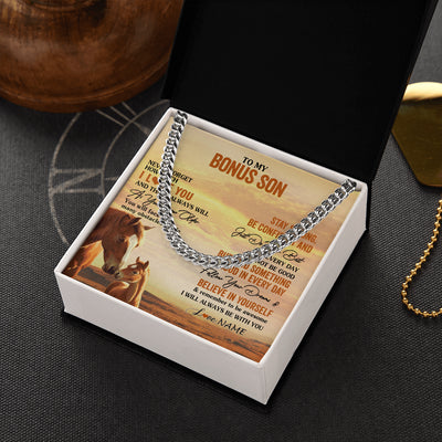 Cuban Link Chain Necklace Stainless Steel | 2 | Personalized To My Bonus Son I Love You Forever Necklace From Stepmom Stepdad Horse Stepson Birthday Graduation Christmas Customized Gift Box Message Card | teecentury