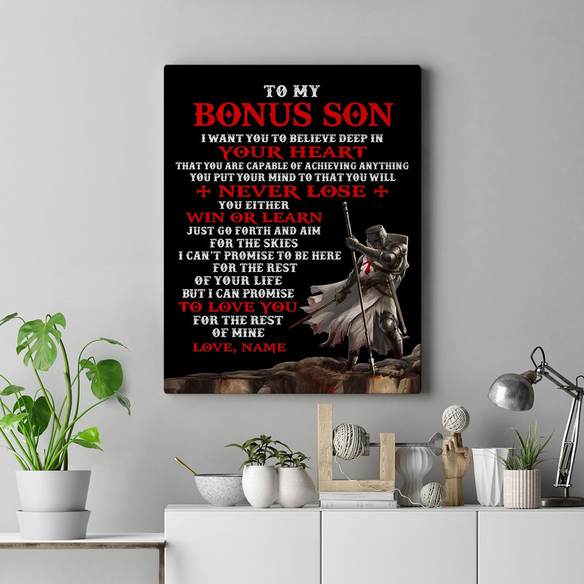 Personalized To My Bonus Son Knight Templar Canvas From Stepdad You Will Never Lose Stepson Birthday Gifts Graduation Christmas Custom Wall Art Print Framed Canvas | teecentury