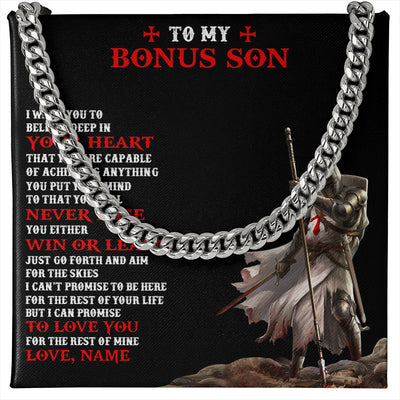 Cuban Link Chain Necklace Stainless Steel | 1 | Personalized To My Bonus Son Knight Templar Necklace From Stepdad Stepmom You Will Never Lose Stepson Birthday Gifts Christmas Customized Gift Box Message Card | teecentury