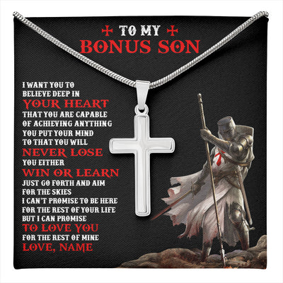 Stainless Cross Necklace Stainless Steel | 1 | Personalized To My Bonus Son Knight Templar Necklace From Stepdad Stepmom You Will Never Lose Stepson Birthday Gifts Christmas Customized Gift Box Message Card | teecentury