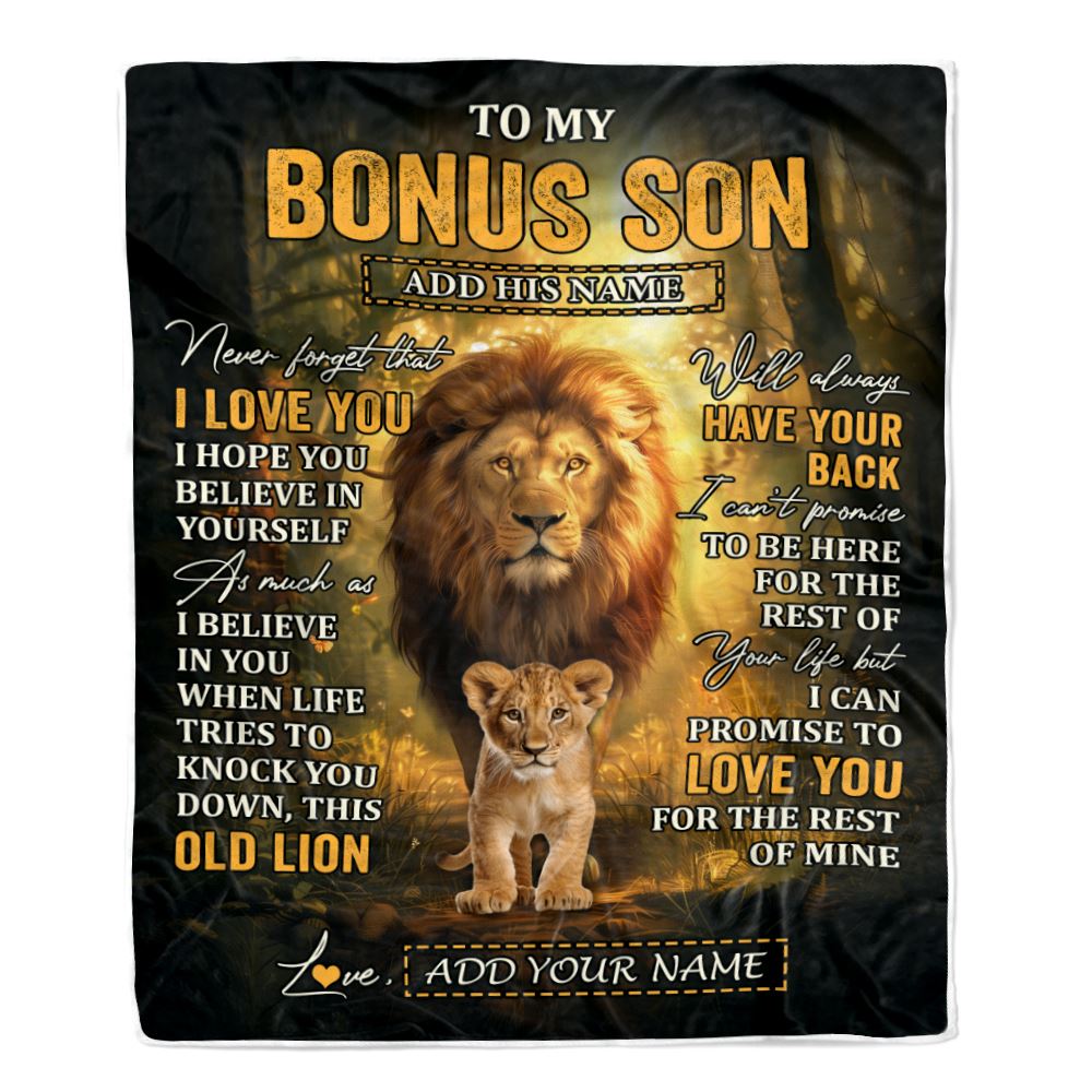 Personalized To My Bonus Son Lion Blanket From Stepdad Never Forget That I Love You Stepson Birthday Gifts Graduation Christmas Customized Fleece Blanket | teecentury