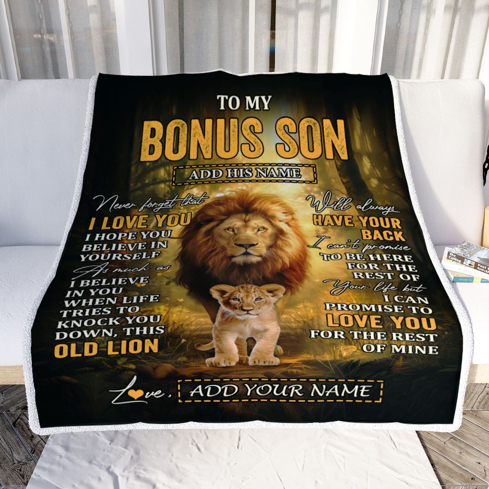 Personalized To My Bonus Son Lion Blanket From Stepdad Never Forget That I Love You Stepson Birthday Gifts Graduation Christmas Customized Fleece Blanket | teecentury