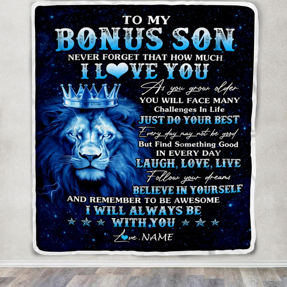 Personalized To My Bonus Son Lion Blanket From Stepdad Stepmom I Love You Lion Ideas For Stepson Birthday Gifts Christmas Customized Fleece Throw Blanket | teecentury