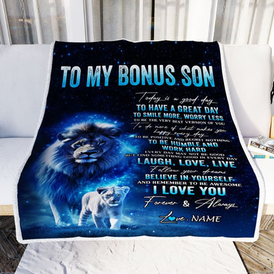 Personalized To My Bonus Son Lion Blanket From Stepdad Today Is A Good Day Stepson Gifts Birthday Graduation Christmas Customized Bed Fleece Throw Blanket | teecentury