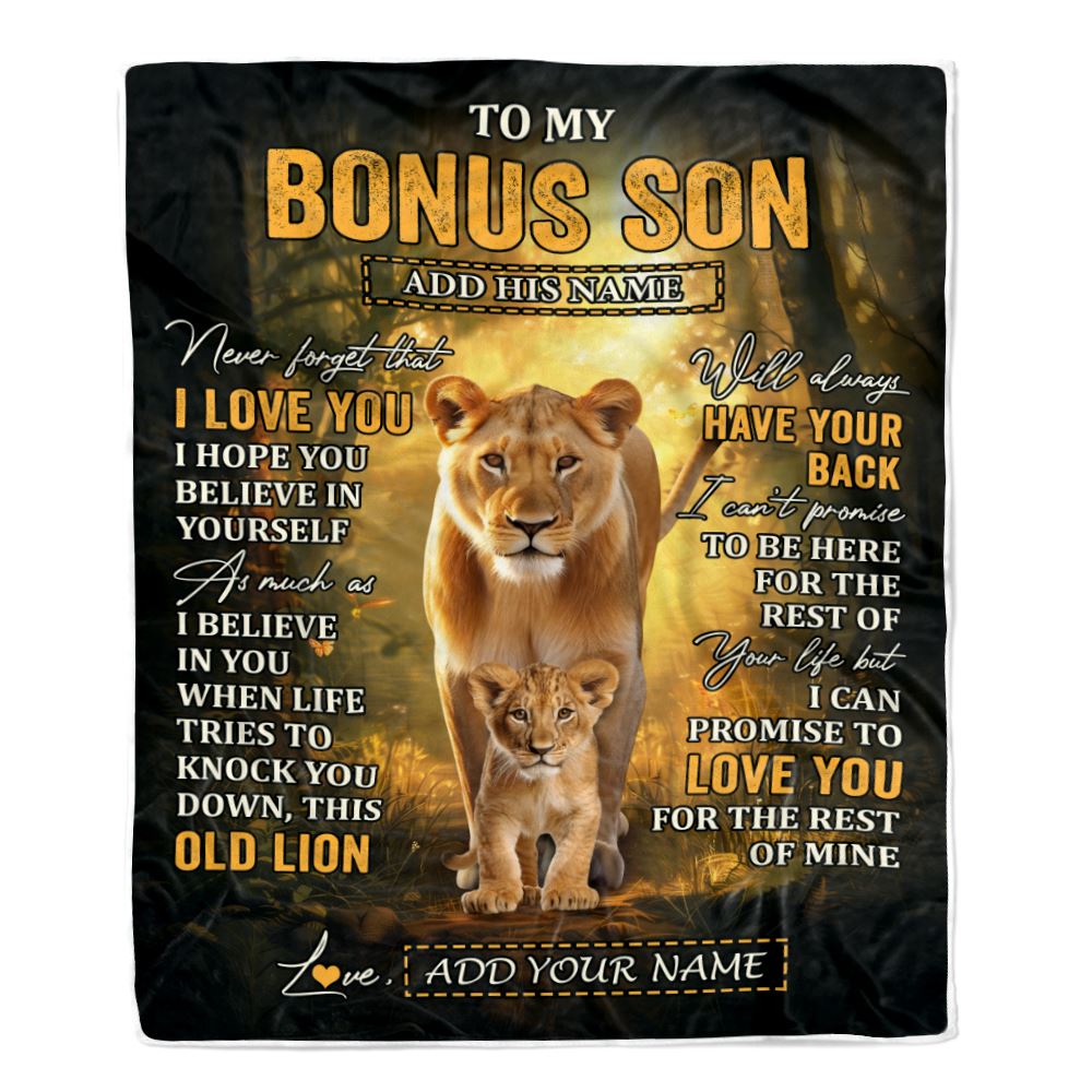 Personalized To My Bonus Son Lion Blanket From Stepmom Never Forget That I Love You Stepson Birthday Gifts Graduation Christmas Customized Fleece Blanket | teecentury
