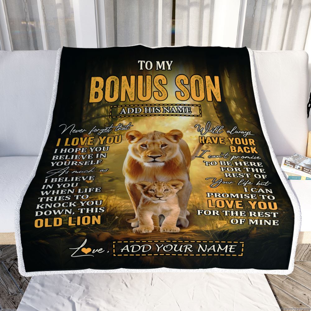 Personalized To My Bonus Son Lion Blanket From Stepmom Never Forget That I Love You Stepson Birthday Gifts Graduation Christmas Customized Fleece Blanket | teecentury
