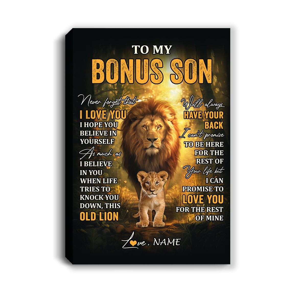 Personalized To My Bonus Son Lion Canvas From Stepdad Never Forget That I Love You Stepson Birthday Gifts Graduation Christmas Custom Wall Art Print Framed Canvas | teecentury
