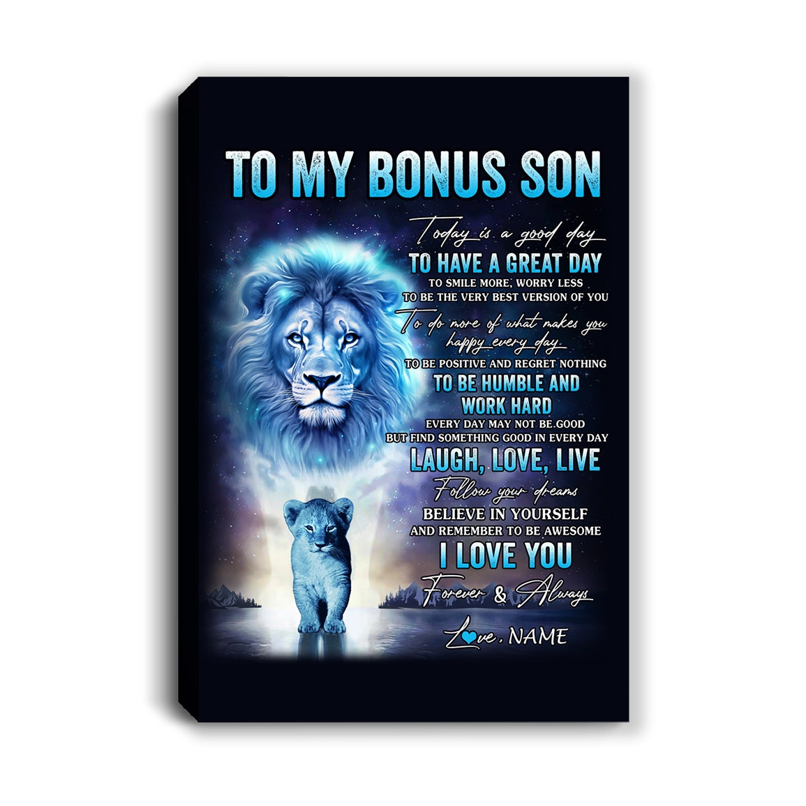 Personalized To My Bonus Son Lion Canvas From Stepfather Every Day Laugh Love Live Stepson Birthday Gifts Graduation Christmas Custom Wall Art Print Framed Canvas | teecentury