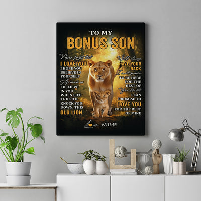 Personalized To My Bonus Son Lion Canvas From Stepmom Never Forget That I Love You Stepson Birthday Gifts Graduation Christmas Custom Wall Art Print Framed Canvas | teecentury