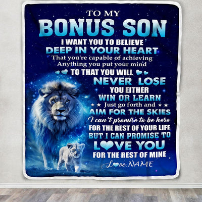 Personalized To My Bonus Son Lion From Stepdad Blanket Believe Your Heart Stepson Gift Birthday Graduation Christmas Custom Customized Fleece Throw Blanket | teecentury