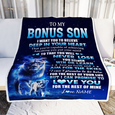 Personalized To My Bonus Son Lion From Stepmom Blanket Believe Your Heart Stepson Gift Birthday Graduation Christmas Custom Customized Fleece Throw Blanket | teecentury