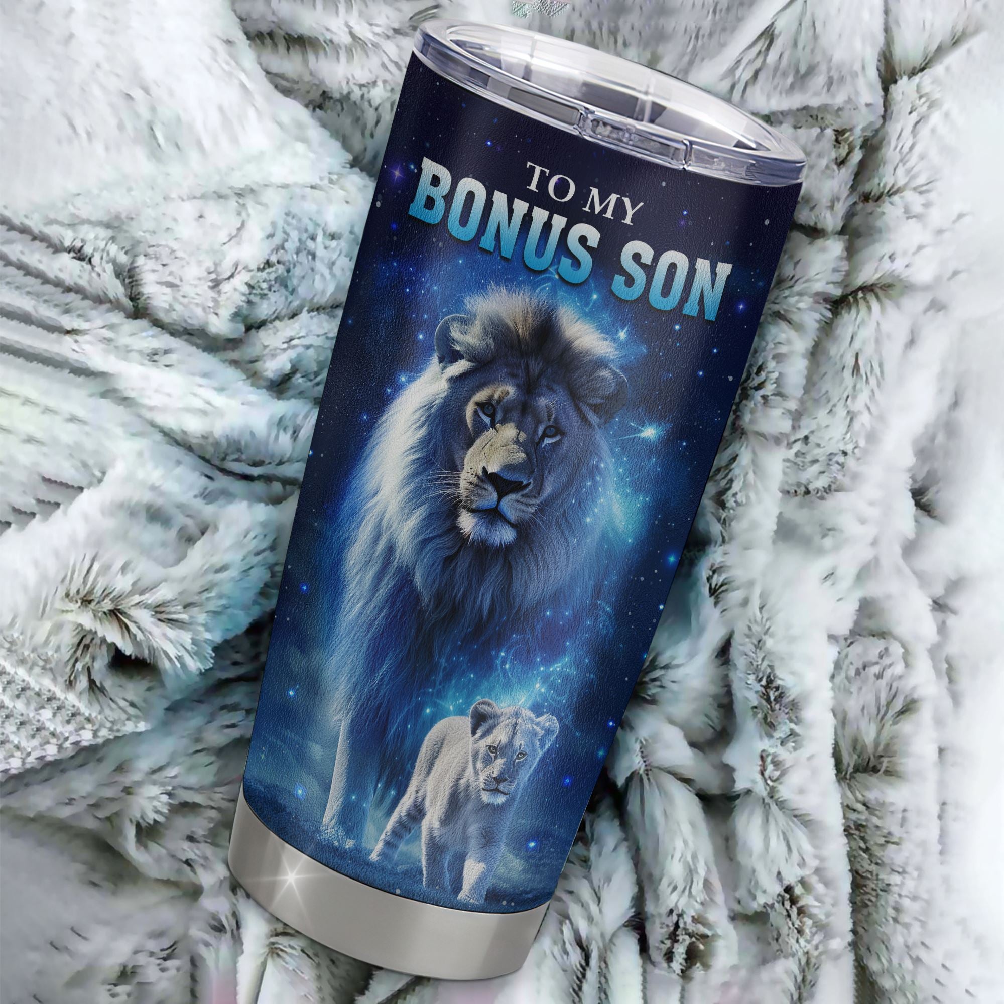 Personalized To My Bonus Son Lion From Stepmom Dad Tumbler Stainless Steel Cup Believe Your Heart Stepson Gift Birthday Graduation Christmas Custom Travel Mug | teecentury