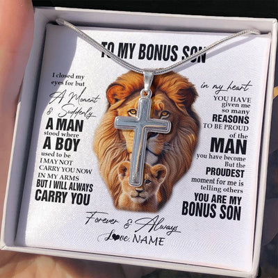 Stainless Cross Necklace Stainless Steel | 2 | Personalized To My Bonus Son Lion Necklace From Stepdad I Closed My Eyes Great Stepson Birthday Gifts Graduation Christmas Customized Gift Box Message Card | teecentury
