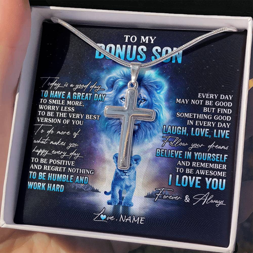 Stainless Cross Necklace Stainless Steel | 2 | Personalized To My Bonus Son Lion Necklace From Stepdad Stepfather Every Day Laugh Love Live Stepson Birthday Christmas Customized Gift Box Message Card | teecentury