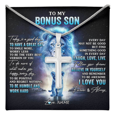 Stainless Cross Necklace Stainless Steel | 1 | Personalized To My Bonus Son Lion Necklace From Stepdad Stepfather Every Day Laugh Love Live Stepson Birthday Christmas Customized Gift Box Message Card | teecentury