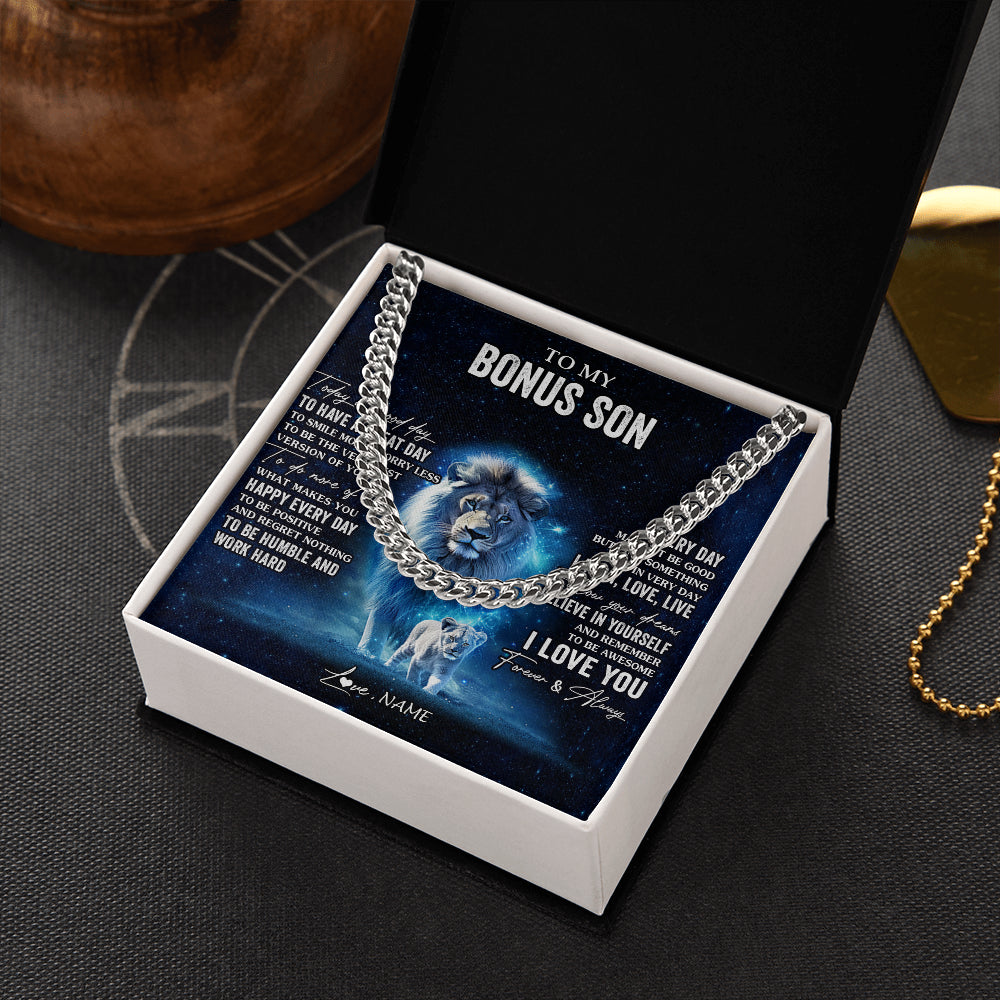 Cuban Link Chain Necklace Stainless Steel | 2 | Personalized To My Bonus Son Lion Necklace From Stepdad Today Is A Good Day Stepson Gifts Birthday Graduation Christmas Customized Gift Box Message Card | teecentury
