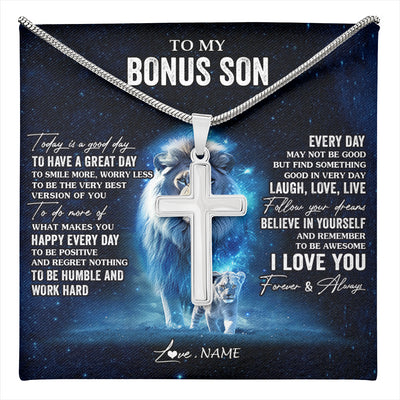 Stainless Cross Necklace Stainless Steel | 1 | Personalized To My Bonus Son Lion Necklace From Stepdad Today Is A Good Day Stepson Gifts Birthday Graduation Christmas Customized Gift Box Message Card | teecentury