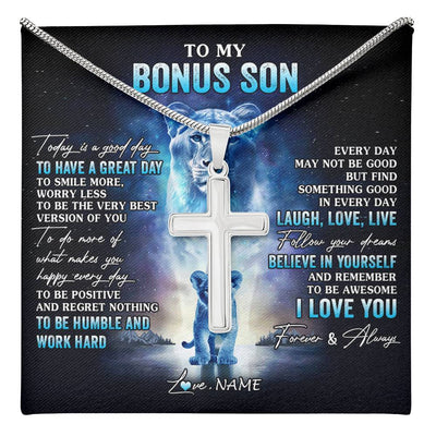 Stainless Cross Necklace Stainless Steel | 1 | Personalized To My Bonus Son Lion Necklace From Stepmom Stepmother Every Day Laugh Love Live Stepson Birthday Christmas Customized Gift Box Message Card | teecentury