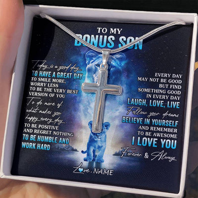 Stainless Cross Necklace Stainless Steel | 2 | Personalized To My Bonus Son Lion Necklace From Stepmom Stepmother Every Day Laugh Love Live Stepson Birthday Christmas Customized Gift Box Message Card | teecentury