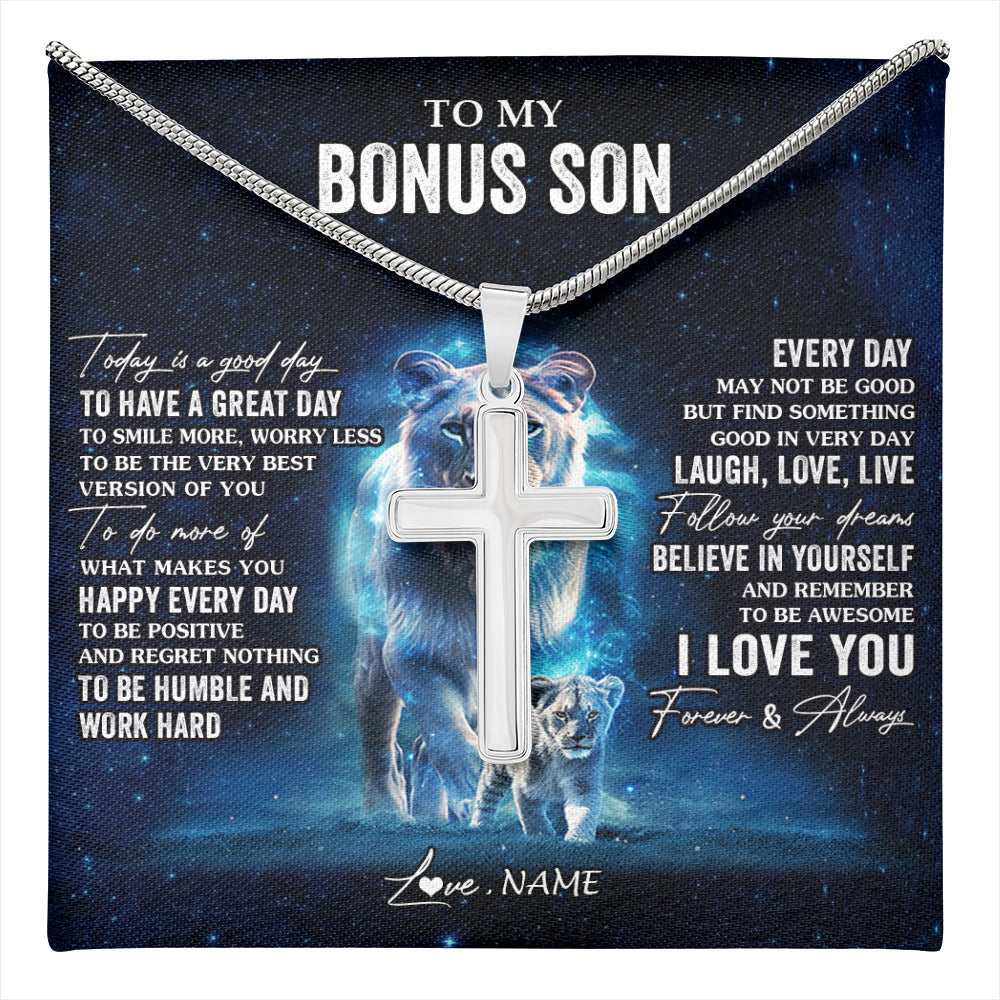 Stainless Cross Necklace Stainless Steel | 1 | Personalized To My Bonus Son Lion Necklace From Stepmom Today Is A Good Day Stepson Gifts Birthday Graduation Christmas Customized Gift Box Message Card | teecentury
