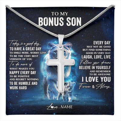 Stainless Cross Necklace Stainless Steel | 1 | Personalized To My Bonus Son Lion Necklace From Stepmom Today Is A Good Day Stepson Gifts Birthday Graduation Christmas Customized Gift Box Message Card | teecentury