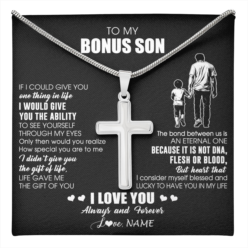 Stainless Cross Necklace Stainless Steel | 1 | Personalized To My Bonus Son Necklace From Bonus Dad It Is Not DNA I Love You Stepson Birthday Gifts Meaningful Christmas Customized Gift Box Message Card | teecentury