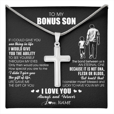 Stainless Cross Necklace Stainless Steel | 1 | Personalized To My Bonus Son Necklace From Bonus Dad It Is Not DNA I Love You Stepson Birthday Gifts Meaningful Christmas Customized Gift Box Message Card | teecentury